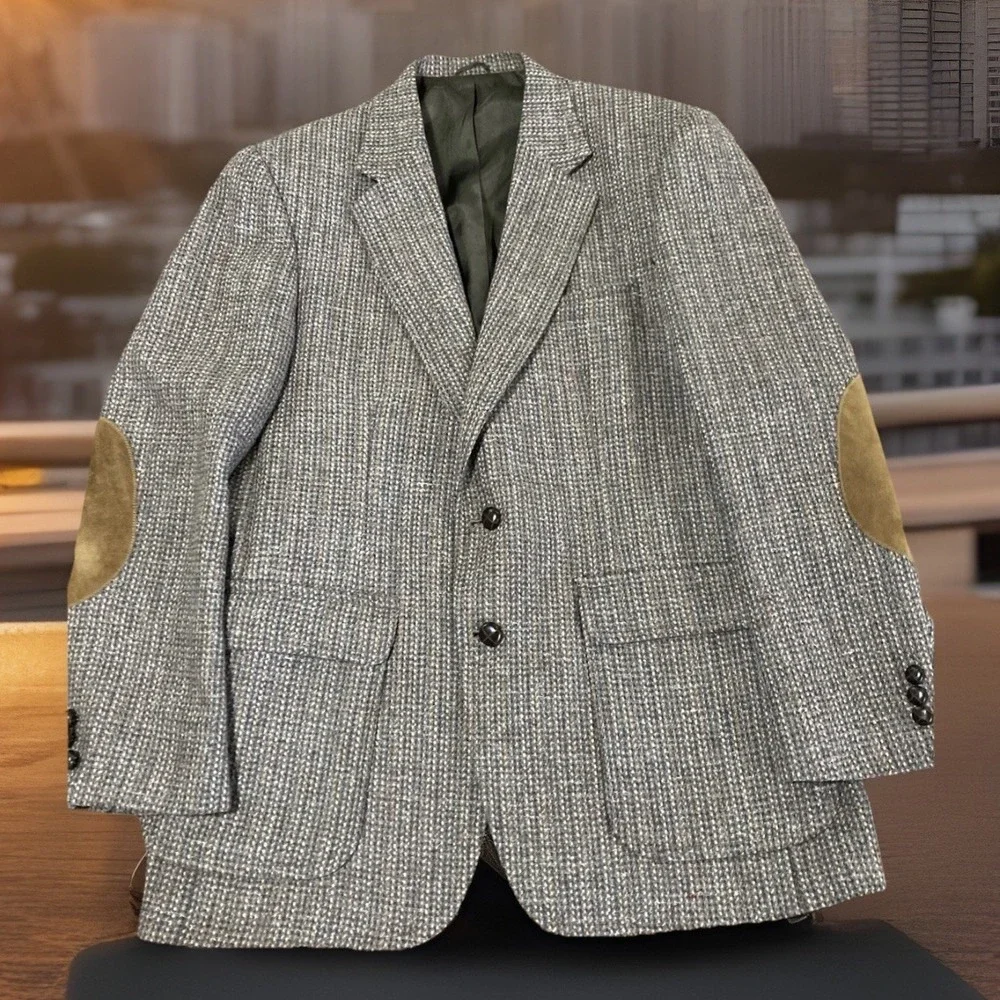 Vintage Woodmere 100% Wool Tweed Blazer 41R Elbow Patch Grandpa Preppy Coat‎